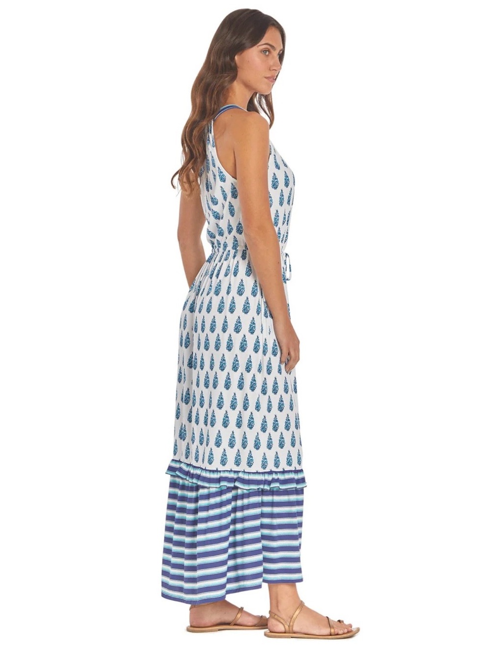 CABANA LIFE Delray Blue White Floral Halter Tie Waist Maxi Dress Size M - Picture 6 of 14
